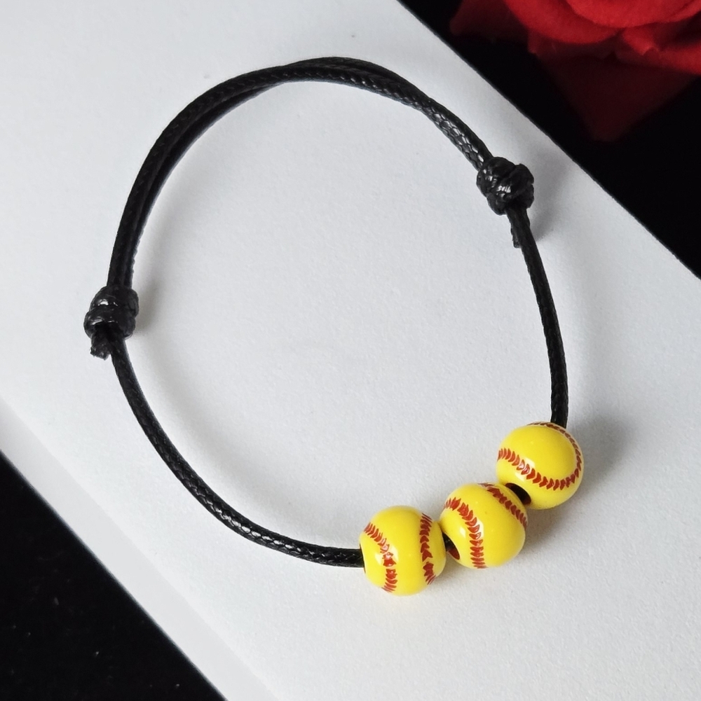 Softball Beaded Bracelet Adjustable Sliding Knot Yellow Baseball Acrylic Sport